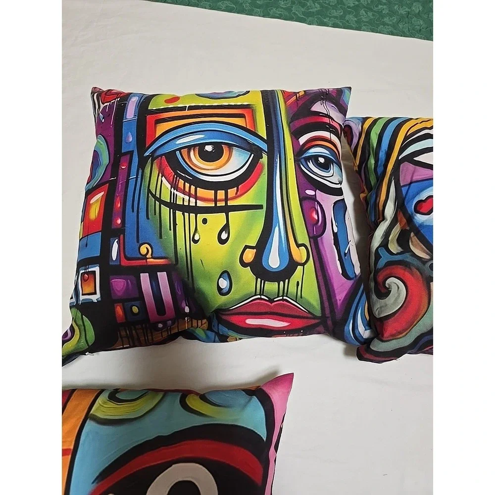 Set‎ Of 4 Pillows 16x16 Throws Faces abstract art pillow in a Picass Style Fun